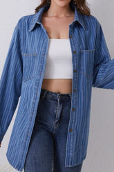 Striped Texture Collared Neck Denim Top OutfitFlow